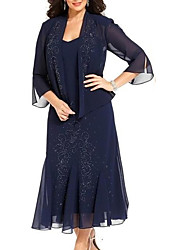 cheap -Sheath / Column Mother of the Bride Dress Sexy Bateau Neck Ankle Length Chiffon Long Sleeve with Lace 2022