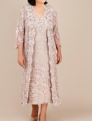 cheap -Sheath / Column Mother of the Bride Dress Elegant V Neck Ankle Length Lace 3/4 Length Sleeve with Lace 2022