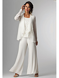 cheap -Pantsuit / Jumpsuit 3 Piece Suit Mother of the Bride Dress Plus Size Elegant Wrap Included Bateau Neck Floor Length Chiffon Sleeveless with Lace 2022