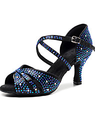 cheap -Women&#039;s Latin Shoes Party Training Performance Heel Crystal / Rhinestone Flared Heel Black / Blue Buckle Cross Strap Glitter Crystal Sequined Jeweled / Silk