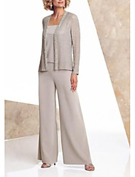 cheap -Pantsuit / Jumpsuit Mother of the Bride Dress Elegant Square Neck Floor Length Chiffon Long Sleeve with Beading 2022