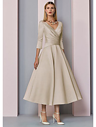 cheap -A-Line Mother of the Bride Dress Plus Size Elegant Vintage V Neck Tea Length Satin 3/4 Length Sleeve with Pleats 2022