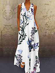 cheap -Women&#039;s A Line Dress Maxi long Dress Blue White Yellow Sleeveless Floral Print Summer V Neck Hot Casual Loose 2022 S M L XL XXL 3XL 4XL 5XL / Plus Size / Plus Size