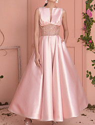 cheap -A-Line Minimalist Elegant Wedding Guest Prom Dress Jewel Neck Sleeveless Ankle Length Satin with Sash / Ribbon Pleats 2022