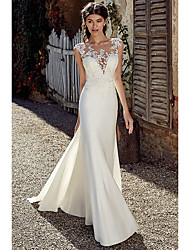 cheap -A-Line Wedding Dresses Bateau Neck Court Train Lace Satin Tulle Cap Sleeve Romantic Sexy See-Through Backless with Appliques 2022