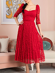 cheap -A-Line Minimalist Elegant Engagement Prom Dress Scoop Neck Half Sleeve Tea Length Lace with Pleats 2022