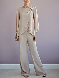 cheap -Pantsuit / Jumpsuit Mother of the Bride Dress Elegant Jewel Neck Floor Length Chiffon Long Sleeve with Tier 2022
