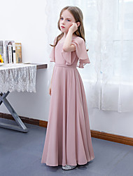 cheap -A-Line Floor Length Junior Bridesmaid Dress Party Chiffon Short Sleeve Jewel Neck with Ruffles 2022