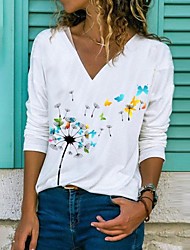 cheap -Women&#039;s T shirt Floral Butterfly Flower Long Sleeve Print V Neck Basic Tops Blue Gray White