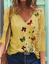 cheap -Women&#039;s T shirt Butterfly Long Sleeve Print V Neck Basic Tops Cotton White Blue Purple