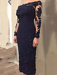 cheap -Sheath / Column Mother of the Bride Dress Elegant Off Shoulder Ankle Length Lace Satin Long Sleeve with Appliques 2022