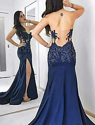 cheap -Mermaid / Trumpet Beautiful Back Sexy Engagement Formal Evening Dress Sweetheart Neckline Sleeveless Sweep / Brush Train Satin with Slit Lace Insert Appliques 2022