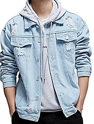 cheap -men&#039;s distressed ripped denim jacket button down jean trucker coat (light blue, large)