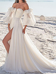 cheap -A-Line Wedding Dresses Off Shoulder Chapel Train Chiffon Short Sleeve Beach with Split Front 2022