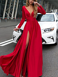 cheap -Women&#039;s Swing Dress Maxi long Dress Blue Red Long Sleeve Solid Color Split Patchwork Fall Spring Deep V Elegant Sexy Prom Dress Party 2022 S M L XL XXL