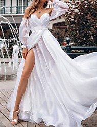 cheap -A-Line Wedding Dresses Off Shoulder Court Train Organza Long Sleeve Beach with Split Front 2022