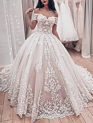 cheap -Ball Gown Wedding Dresses Off Shoulder Chapel Train Lace Tulle Short Sleeve Formal Luxurious with Pleats Appliques 2022