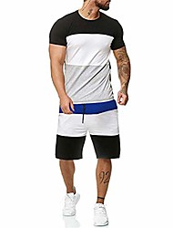 cheap -mens short sleeve set 2 piece summer casual sets short pants fashion patchwork leisure sport outfit black