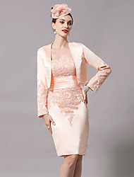 cheap -Sheath / Column Mother of the Bride Dress Plus Size Elegant Strapless Short / Mini Polyester Long Sleeve with Lace 2022
