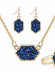 cheap -blue faux druzy jewelry set drusy necklace dangle earring ring 18k gold plated hexagon pendant for her (a14-gold/blue)