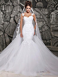 cheap -Mermaid / Trumpet Wedding Dresses Strapless Court Train Lace Spaghetti Strap Country Formal Casual with 2022