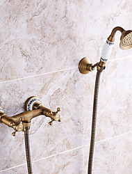cheap -Shower Faucet Set - Handshower Included pullout Vintage Style / Country Antique Brass Mount Outside Ceramic Valve Bath Shower Mixer Taps / Two Handles One Hole