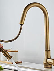cheap -Retro Style Brass Kitchen Faucet, Antique Copper Single Handle  One Hole Pull Out Centerset Kitchen Faucet with Hot and Cold Water