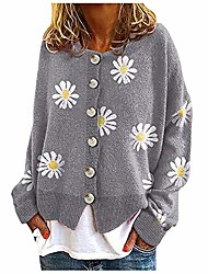 cheap -Women&#039;s Cardigan Knitted Button Print Floral Daisy Stylish Basic Casual Long Sleeve Regular Fit Sweater Cardigans Open Front Fall Winter Spring Blue Black Gray / Going out