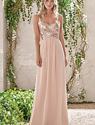 cheap -A-Line Bridesmaid Dress V Neck Sleeveless Elegant Floor Length Chiffon / Sequined with Pleats 2022