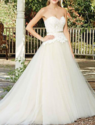 cheap -A-Line Wedding Dresses Sweetheart Neckline Sweep / Brush Train Lace Tulle Sleeveless Country Romantic with Sashes / Ribbons Appliques 2022