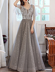 cheap -A-Line Sparkle Elegant Wedding Guest Formal Evening Dress V Neck Half Sleeve Floor Length Tulle with Sequin Splicing 2022