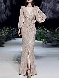 cheap -Mermaid / Trumpet Sparkle Elegant Prom Formal Evening Dress V Neck Long Sleeve Floor Length Sequined with Sequin Slit 2022