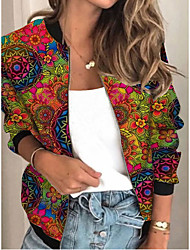 cheap -Women&#039;s Jacket Bomber Jacket Casual Jacket Sports Valentine&#039;s Day Going out Spring &amp;  Fall Regular Coat Regular Fit Streetwear Jacket Long Sleeve Plants Patchwork Print Red