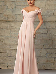 cheap -A-Line Bridesmaid Dress Off Shoulder Sleeveless Elegant Floor Length Chiffon with Pleats 2022
