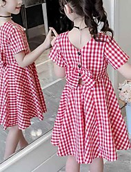 cheap -Kids Little Girls&#039; Dress Black Red Plaid Backless Ruched Black Red Above Knee Short Sleeve Cute Dresses New Year Slim