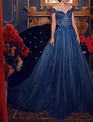 cheap -A-Line Luxurious Elegant Engagement Prom Dress Scoop Neck Short Sleeve Court Train Tulle with Pleats Appliques 2022
