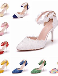cheap -Women&#039;s Wedding Shoes Ankle Strap Heels Wedding Heels Bridal Shoes Pearl Buckle Lace Stiletto Heel Pointed Toe Business Sexy Minimalism Wedding Office &amp; Career PU Loafer Fall Spring Solid Colored