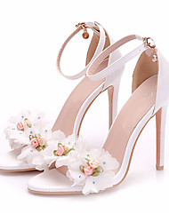 cheap -Women&#039;s Wedding Shoes Ankle Strap Heels Wedding Sandals Bridal Shoes Satin Flower Buckle Lace Pumps Open Toe Business Sexy Minimalism Party &amp; Evening Office &amp; Career PU Ankle Strap Spring Summer