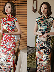 cheap -Adult Adults&#039; Women&#039;s Retro Chinoiserie Vacation Dress Dress Chinese Style Cheongsam Qipao For Party Halloween Faux Silk Graphic Prints Halloween Carnival Masquerade Cheongsam