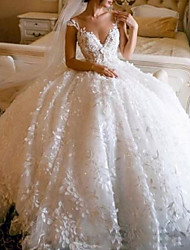 cheap -Princess Ball Gown Wedding Dresses V Neck Floor Length Lace Sleeveless Formal Luxurious with Lace Appliques 2022