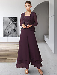 cheap -Pantsuit / Jumpsuit Mother of the Bride Dress Elegant Square Neck Ankle Length Chiffon Lace Sleeveless with Ruffles Appliques 2022