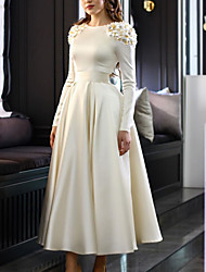 cheap -A-Line Elegant Floral Engagement Prom Dress Jewel Neck Long Sleeve Ankle Length Satin with Pleats Appliques 2022