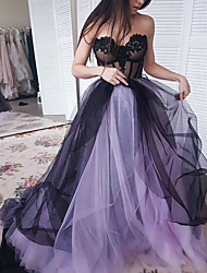 cheap -A-Line Color Block Sexy Engagement Formal Evening Dress Sweetheart Neckline Sleeveless Chapel Train Lace with Tier Appliques 2022