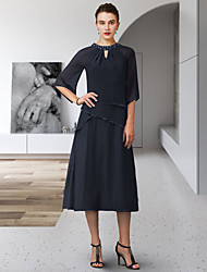 cheap -A-Line Mother of the Bride Dress Elegant Jewel Neck Tea Length Chiffon 3/4 Length Sleeve with Sequin Ruffles 2022
