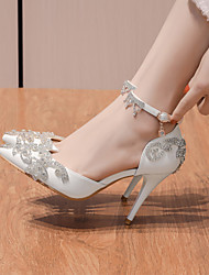 cheap -Women&#039;s Sandals Ankle Strap Heels Wedding Heels Bridal Shoes Rhinestone Pearl Stiletto Heel Pointed Toe Faux Leather Ankle Strap Solid Colored White