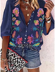 cheap -Women&#039;s Blouse Shirt Floral Flower Print Shirt Collar Basic Tops Blue Purple Green