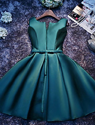 cheap -A-Line Bridesmaid Dress Jewel Neck Sleeveless Beautiful Back Tea Length Satin with Bow(s) / Bandage 2022