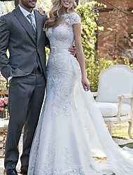 cheap -Mermaid / Trumpet Wedding Dresses Jewel Neck Sweep / Brush Train Detachable Lace Tulle Short Sleeve Formal Romantic Luxurious with Appliques 2022