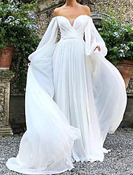 cheap -A-Line Wedding Dresses Strapless Sweep / Brush Train Tulle Polyester Long Sleeve Country Plus Size with Ruched 2022