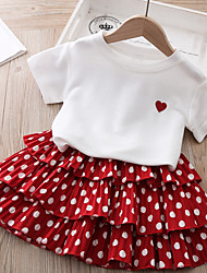 cheap -Kids Toddler Little Girls&#039; T shirt Skirt Clothing Set Polka Dot Solid Colored Casual Hollow Out Ruffle Bow Red Cotton Short Sleeve Basic Cute Dresses Children&#039;s Day Two-piece Suit